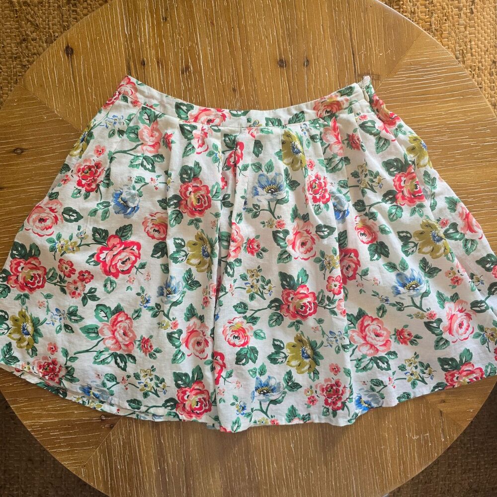 Linen Floral A‑Line Skirt | Pleated Waist | Bright Summer Cottagecore M - 0686